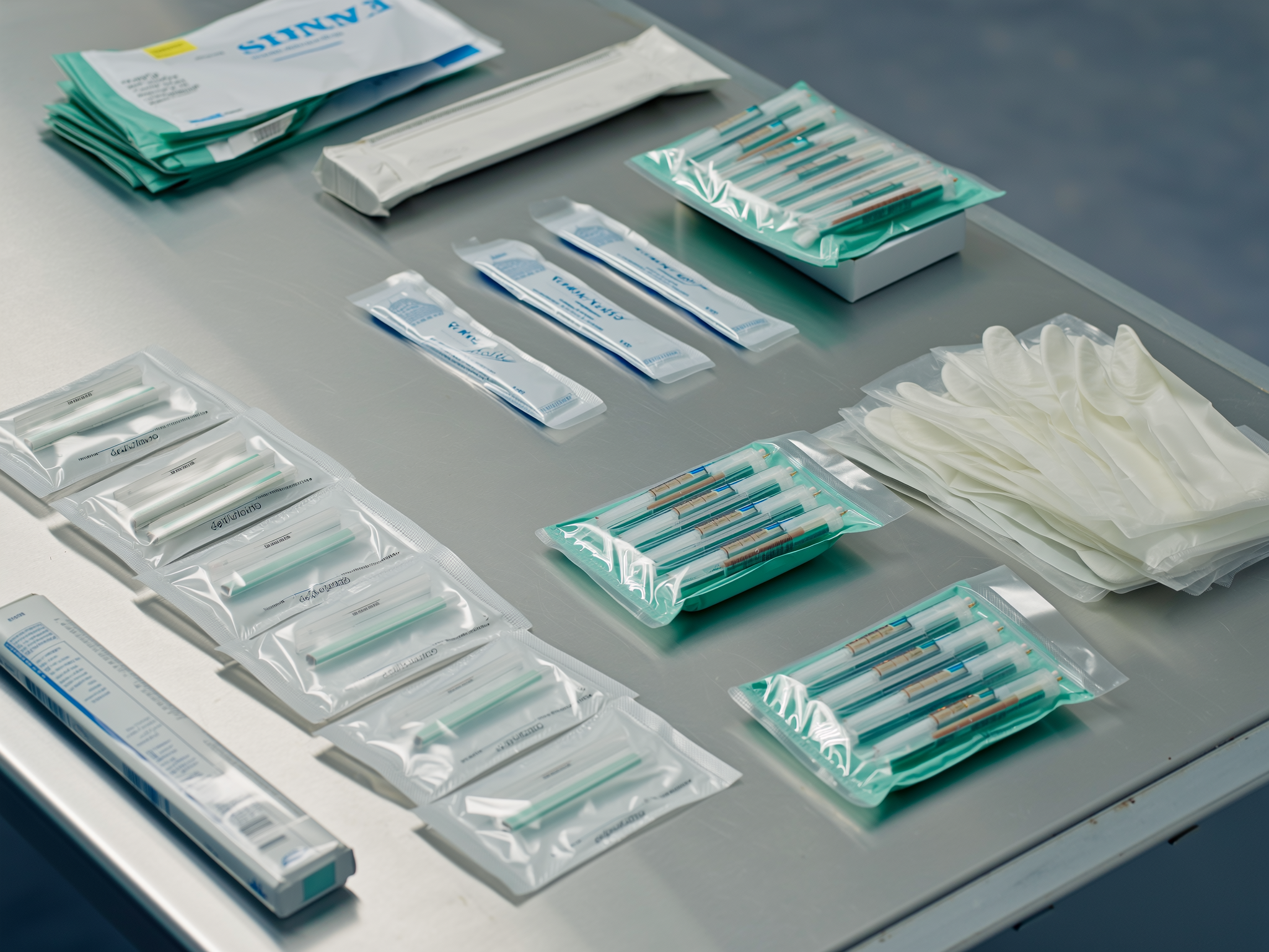 Steriele, individueel verpakte naalden, handschoenen en verzorgingsmateriaal klaargelegd op een werkblad
